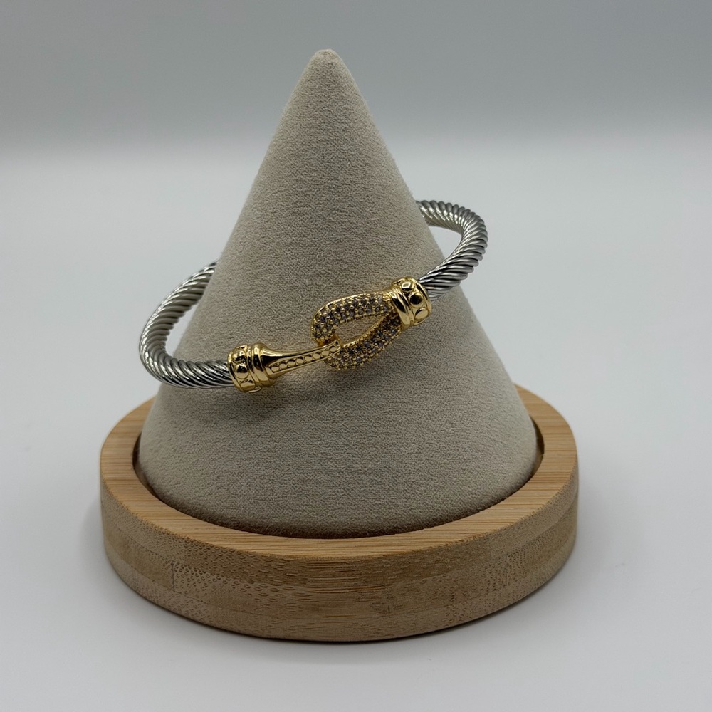 Gold and Silver Cable Cuff Pave Hook Bracelet - Women's Jewelry